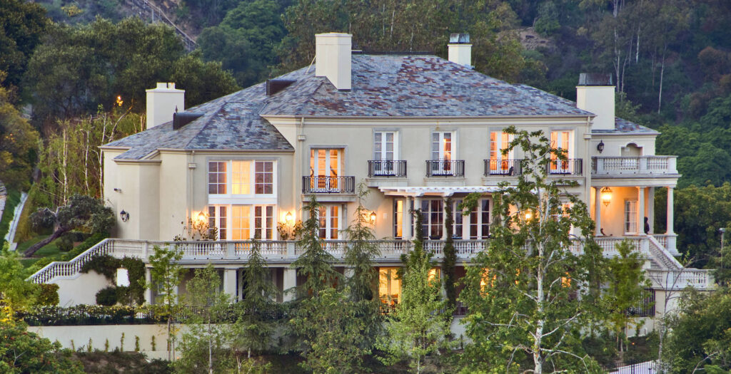 a large building with trees around it